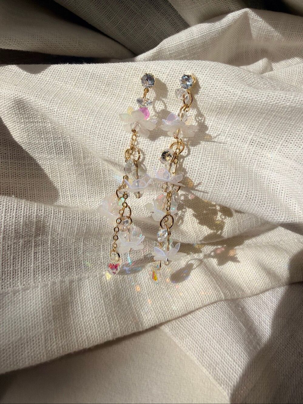 Iridescent Lotus Flower Crystal Dangle Earrings Gold Tone